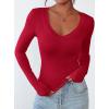 imagePRETTYGARDEN Long Sleeve Shirts for Women 2025 Fall Fashion V Neck Going Out Tops Slim Fit Basic Tees Y2K ClothesRed