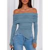 imagePRETTYGARDEN Off The Shoulder Tops for Women Fall Fashion 2025 Long Sleeve Shirts Going Out Slim Fitted Blouses Y2K ClothesGrey Blue