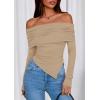 imagePRETTYGARDEN Off The Shoulder Tops for Women Fall Fashion 2025 Long Sleeve Shirts Going Out Slim Fitted Blouses Y2K ClothesKhaki