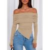 imagePRETTYGARDEN Off The Shoulder Tops for Women Fall Fashion 2025 Long Sleeve Shirts Going Out Slim Fitted Blouses Y2K ClothesKhaki