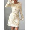 imagePRETTYGARDEN Womens Floral Embroidered Dress 2025 Fall Long Bell Sleeve Ribbon Flower Mini Short Mesh Bodycon Party DressesBeige