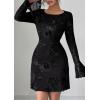 imagePRETTYGARDEN Womens Floral Embroidered Dress 2025 Fall Long Bell Sleeve Ribbon Flower Mini Short Mesh Bodycon Party DressesBlack