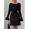 imagePRETTYGARDEN Womens Floral Embroidered Dress 2025 Fall Long Bell Sleeve Ribbon Flower Mini Short Mesh Bodycon Party DressesBlack
