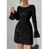 imagePRETTYGARDEN Womens Floral Embroidered Dress 2025 Fall Long Bell Sleeve Ribbon Flower Mini Short Mesh Bodycon Party DressesBlack