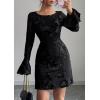 imagePRETTYGARDEN Womens Floral Embroidered Dress 2025 Fall Long Bell Sleeve Ribbon Flower Mini Short Mesh Bodycon Party DressesBlack