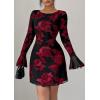 imagePRETTYGARDEN Womens Floral Embroidered Dress 2025 Fall Long Bell Sleeve Ribbon Flower Mini Short Mesh Bodycon Party DressesFloral Black Red
