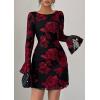imagePRETTYGARDEN Womens Floral Embroidered Dress 2025 Fall Long Bell Sleeve Ribbon Flower Mini Short Mesh Bodycon Party DressesFloral Black Red