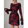 imagePRETTYGARDEN Womens Floral Embroidered Dress 2025 Fall Long Bell Sleeve Ribbon Flower Mini Short Mesh Bodycon Party DressesFloral Black Red