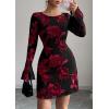 imagePRETTYGARDEN Womens Floral Embroidered Dress 2025 Fall Long Bell Sleeve Ribbon Flower Mini Short Mesh Bodycon Party DressesFloral Black Red