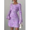 imagePRETTYGARDEN Womens Floral Embroidered Dress 2025 Fall Long Bell Sleeve Ribbon Flower Mini Short Mesh Bodycon Party DressesLight Purple