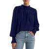 imagePRETTYGARDEN Blouses for Women Dressy Casual Fall Outfits 2025 Frill Neck Long Sleeve Shirts Satin Work Business Casual TopsNavy