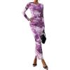 imagePRETTYGARDEN Fall Wedding Guest Dresses for Women 2025 Long Sleeve Ruched Sexy Bodycon Floral Mesh Cocktail Party Maxi DressGrey Purple Floral