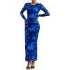 imagePRETTYGARDEN Fall Wedding Guest Dresses for Women 2025 Long Sleeve Ruched Sexy Bodycon Floral Mesh Cocktail Party Maxi DressNavy Blue Floral