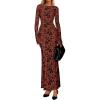imagePRETTYGARDEN Womens Floral Bodycon Maxi Dress 2025 Fall Elegant Mesh Long Sleeve Formal Wedding Guest Cocktail DressesRust