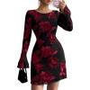 imagePRETTYGARDEN Womens Floral Embroidered Dress 2025 Fall Long Bell Sleeve Ribbon Flower Mini Short Mesh Bodycon Party DressesFloral Black Red