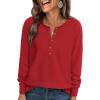 imagePRETTYGARDEN Womens Long Sleeve Waffle Knit Shirts 2025 Fall Casual Button Up Henley V Neck Tunic Tops Loose Fit Basic TeesRed