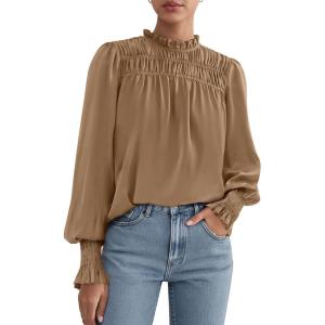 imagePRETTYGARDEN Blouses for Women Dressy Casual Fall Outfits 2025 Frill Neck Long Sleeve Shirts Satin Work Business Casual TopsKhaki
