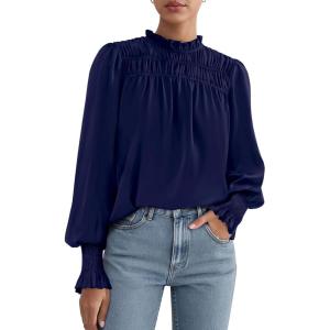 imagePRETTYGARDEN Blouses for Women Dressy Casual Fall Outfits 2025 Frill Neck Long Sleeve Shirts Satin Work Business Casual TopsNavy