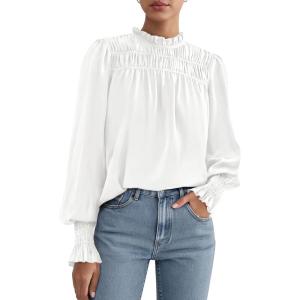 imagePRETTYGARDEN Blouses for Women Dressy Casual Fall Outfits 2025 Frill Neck Long Sleeve Shirts Satin Work Business Casual TopsWhite