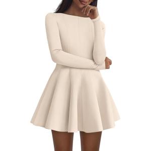 imagePRETTYGARDEN Fall Cocktail Dresses for Women Elegant Classy Wedding Guest 2025 Long Sleeve Homecoming Party A Line Mini DressBeige