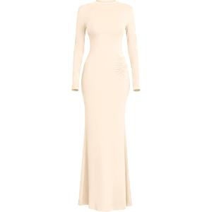 imagePRETTYGARDEN Fall Dresses for Women 2025 Long Sleeve Bodycon Mock Neck Ruched Maxi Formal Cocktail Wedding Guest DressApricot