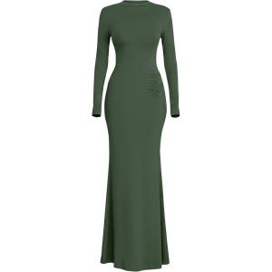 imagePRETTYGARDEN Fall Dresses for Women 2025 Long Sleeve Bodycon Mock Neck Ruched Maxi Formal Cocktail Wedding Guest DressArmy Green