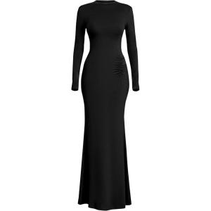imagePRETTYGARDEN Fall Dresses for Women 2025 Long Sleeve Bodycon Mock Neck Ruched Maxi Formal Cocktail Wedding Guest DressBlack