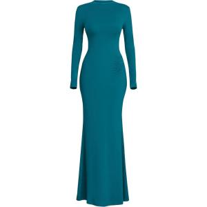 imagePRETTYGARDEN Fall Dresses for Women 2025 Long Sleeve Bodycon Mock Neck Ruched Maxi Formal Cocktail Wedding Guest DressBlue Green