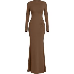 imagePRETTYGARDEN Fall Dresses for Women 2025 Long Sleeve Bodycon Mock Neck Ruched Maxi Formal Cocktail Wedding Guest DressBrown