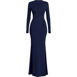 imagePRETTYGARDEN Fall Dresses for Women 2025 Long Sleeve Bodycon Mock Neck Ruched Maxi Formal Cocktail Wedding Guest DressNavy