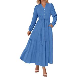 imagePRETTYGARDEN Fall Dresses for Women 2025 Long Sleeve V Neck Belted Ruffle A Line Flowy Boho Maxi Wedding Guest Dress PocketsBlue