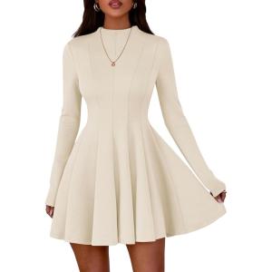 imagePRETTYGARDEN Fall Dresses for Women Elegant Classy 2025 Casual Long Sleeve Swing A Line Ruffle Short Homecoming Party DressBeige