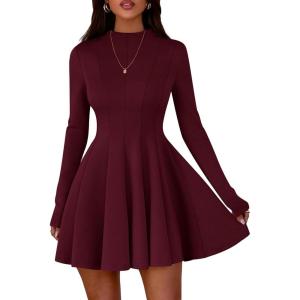 imagePRETTYGARDEN Fall Dresses for Women Elegant Classy 2025 Casual Long Sleeve Swing A Line Ruffle Short Homecoming Party DressBurgundy