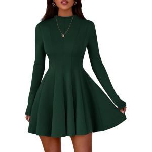 imagePRETTYGARDEN Fall Dresses for Women Elegant Classy 2025 Casual Long Sleeve Swing A Line Ruffle Short Homecoming Party DressDark Green