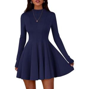 imagePRETTYGARDEN Fall Dresses for Women Elegant Classy 2025 Casual Long Sleeve Swing A Line Ruffle Short Homecoming Party DressNavy Blue