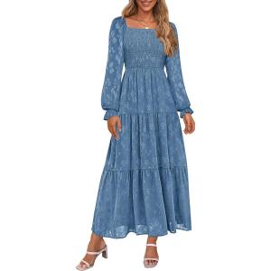 imagePRETTYGARDEN Fall Wedding Guest Dresses for Women 2025 Floral Long Sleeve Smocked Tiered Elegant Long Flowy Boho DressBlue