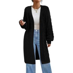 imagePRETTYGARDEN Long Sleeve Open Front Chunky Cardigan Sweaters for Women Cable Knit Long Cardigans Fall Outfits with PocketsBlack