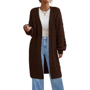 imagePRETTYGARDEN Long Sleeve Open Front Chunky Cardigan Sweaters for Women Cable Knit Long Cardigans Fall Outfits with PocketsBrown