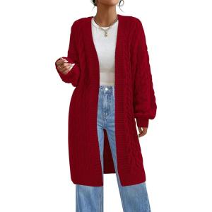 imagePRETTYGARDEN Long Sleeve Open Front Chunky Cardigan Sweaters for Women Cable Knit Long Cardigans Fall Outfits with PocketsRed
