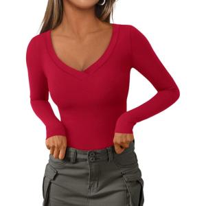 imagePRETTYGARDEN Long Sleeve Shirts for Women 2025 Fall Fashion V Neck Going Out Tops Slim Fit Basic Tees Y2K ClothesRed
