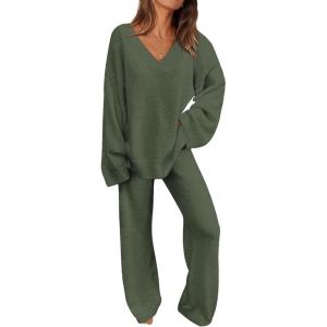imagePRETTYGARDEN Lounge Sets for Women Two Piece Sweaters Pajama Set Fall Fashion 2025 Loungewear Outfits Matching Winter ClothesArmy Green