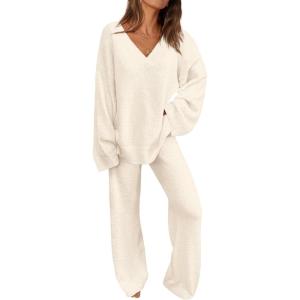 imagePRETTYGARDEN Lounge Sets for Women Two Piece Sweaters Pajama Set Fall Fashion 2025 Loungewear Outfits Matching Winter ClothesBeige