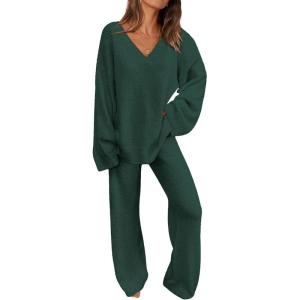 imagePRETTYGARDEN Lounge Sets for Women Two Piece Sweaters Pajama Set Fall Fashion 2025 Loungewear Outfits Matching Winter ClothesDark Green