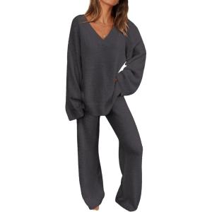 imagePRETTYGARDEN Lounge Sets for Women Two Piece Sweaters Pajama Set Fall Fashion 2025 Loungewear Outfits Matching Winter ClothesDark Grey