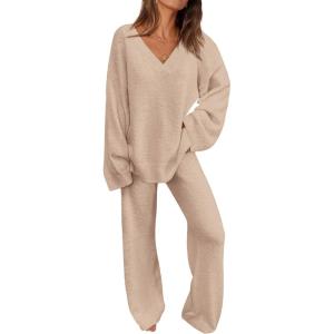 imagePRETTYGARDEN Lounge Sets for Women Two Piece Sweaters Pajama Set Fall Fashion 2025 Loungewear Outfits Matching Winter ClothesKhaki