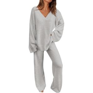 imagePRETTYGARDEN Lounge Sets for Women Two Piece Sweaters Pajama Set Fall Fashion 2025 Loungewear Outfits Matching Winter ClothesLight Grey