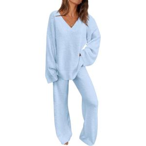 imagePRETTYGARDEN Lounge Sets for Women Two Piece Sweaters Pajama Set Fall Fashion 2025 Loungewear Outfits Matching Winter ClothesSky Blue
