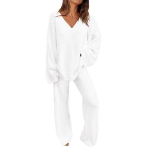 imagePRETTYGARDEN Lounge Sets for Women Two Piece Sweaters Pajama Set Fall Fashion 2025 Loungewear Outfits Matching Winter ClothesWhite