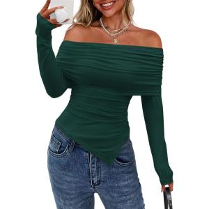 imagePRETTYGARDEN Off The Shoulder Tops for Women Fall Fashion 2025 Long Sleeve Shirts Going Out Slim Fitted Blouses Y2K ClothesGreen