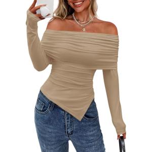 imagePRETTYGARDEN Off The Shoulder Tops for Women Fall Fashion 2025 Long Sleeve Shirts Going Out Slim Fitted Blouses Y2K ClothesKhaki